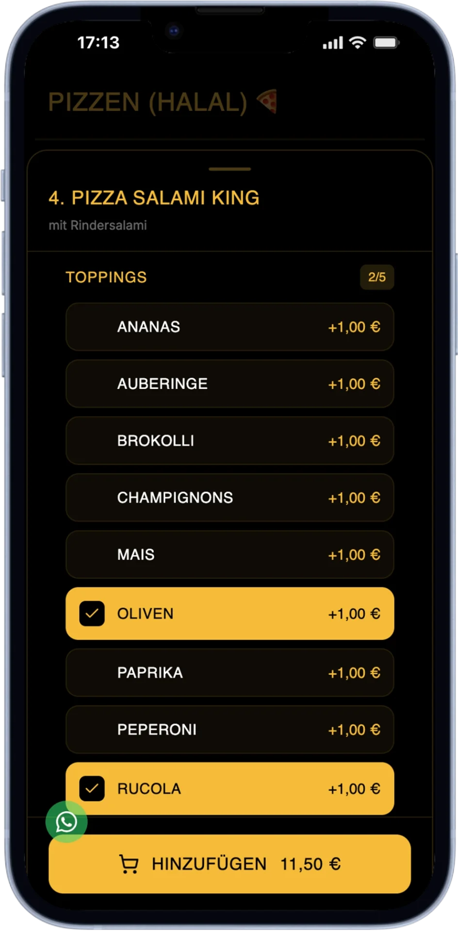 Pizza Bestellung - Toppings Auswahl mit Custom Branding