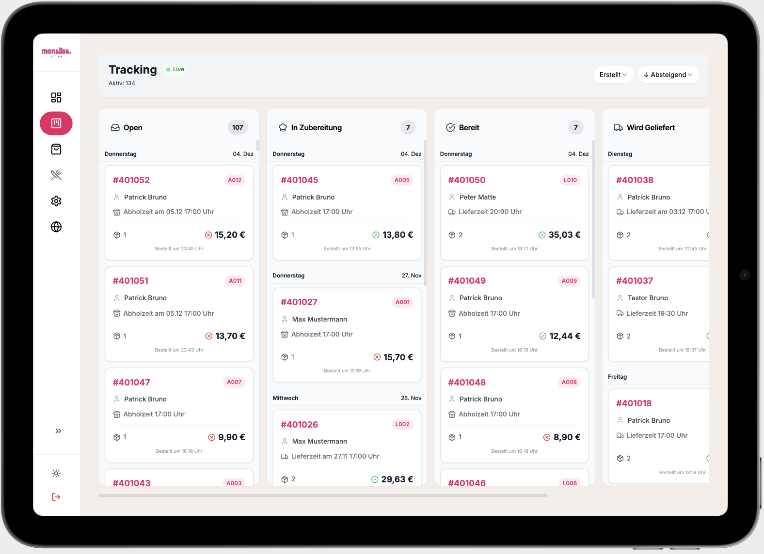 OrderFront Dashboard - Live Order Tracking mit Bestellstatus und Kundennamen