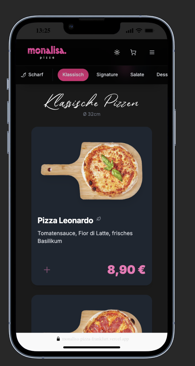 Mona Lisa Pizza - Dark Mode Menu