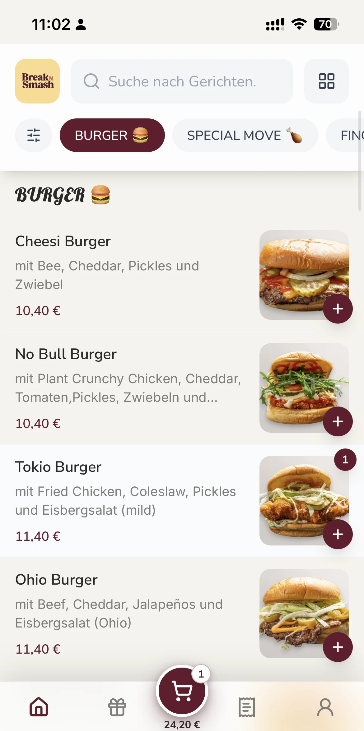 Speisekarte im Bestellshop von Break n Smash mit Burgern, Beschreibungen und Preisen