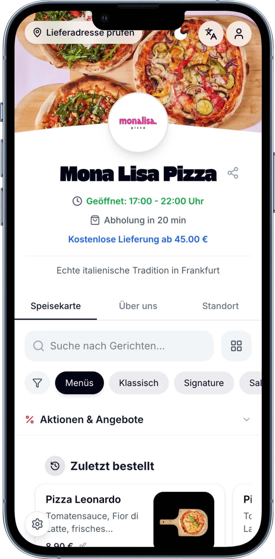 Mona Lisa Pizza - Startseite mit Speisekarte und Bestelloptionen